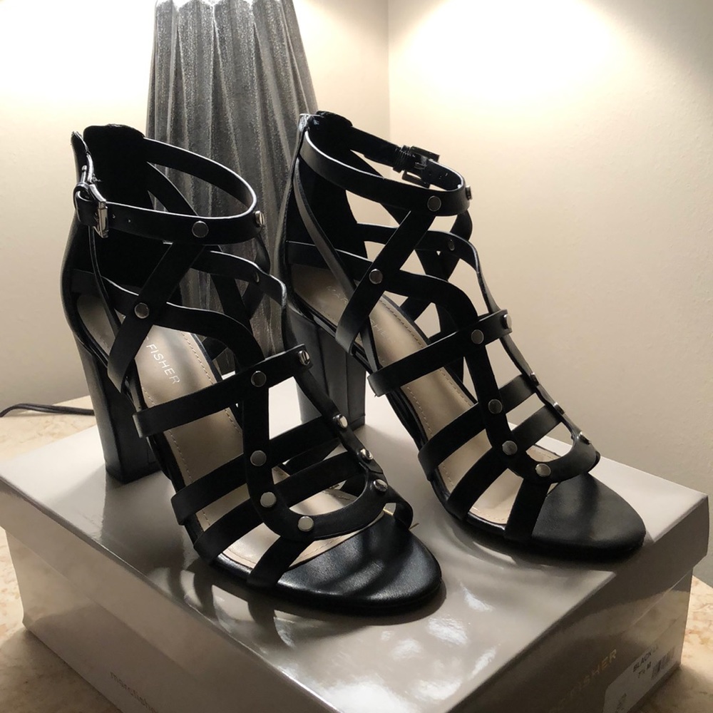 Marc Fisher black, silver studded, heeled sandal